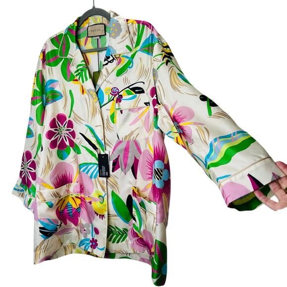 NWT Gucci Silk Tan Pink Blue Multi Floral Leaf Printed Blouse 46 / XL - Picture 1 of 16